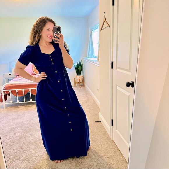 Handmade Vintage Blue Velvet Gold Button Maxi Dress XS - Picture 1 of 11